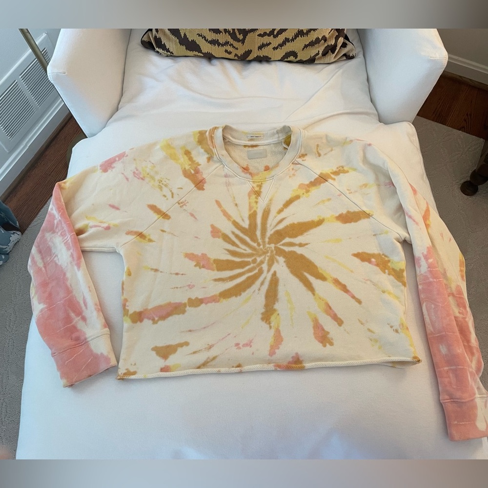 Mother denim sweatshirt, loafer crop fray, size medium, coral haze/lemon